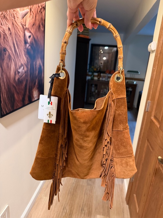 Marlow Handbags - Marlon Made in Italy Suede Leather Bamboo Fringe Hobo Bag NWT